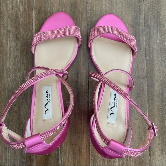 NINA Shoes Henesi Rhinestone Open Toe Hot Pink Heels Satin SZ 7.5 - Picture 11 of 13